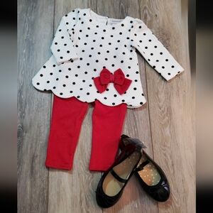 Savannah baby's white long sleeve top, polka dots, red leggings set Size 6-9M